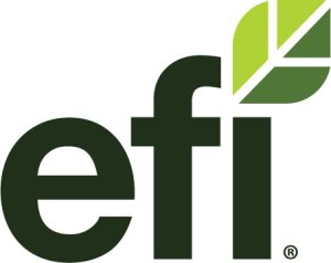 efi logo with green letters and a leave with diverse greens on top of the i