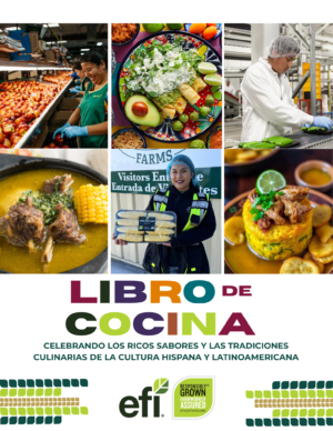 Collage of Hispanic and Latin cuisine featuring farmworkers, fresh produce, and traditional dishes celebrating heritage and workplace opportunities.