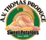A.J. Thomas Produce sweet potatoes logo since 1960, featuring braided produce basket supporting farmworker workplace opportunities.
