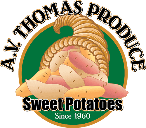 A.J. Thomas Produce sweet potatoes logo since 1960, featuring braided produce basket supporting farmworker workplace opportunities.
