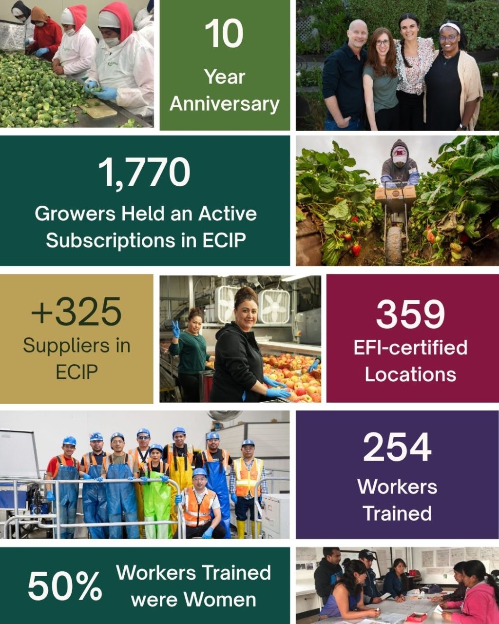 ECIP 10-year milestone showcasing 1,770 growers, 325 suppliers, 254 workers trained, and 359 certified locations supporting farmworker opportunities a