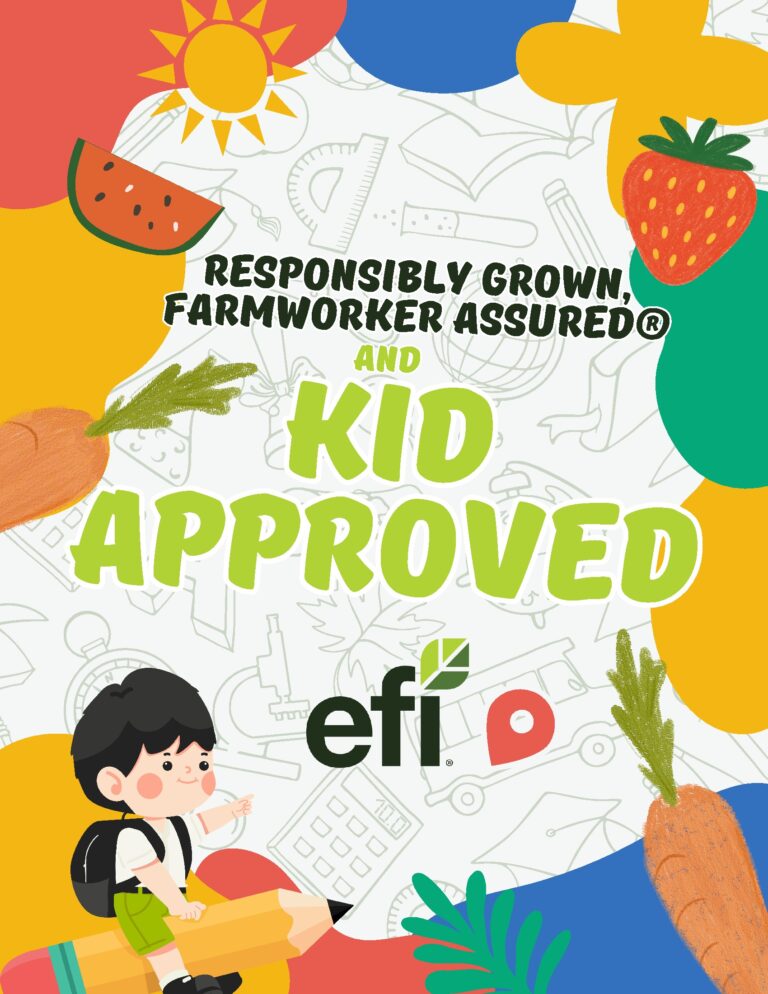 Colorful produce guide promoting responsibly grown, farmworker-assured fruits and vegetables for families and ethical food sourcing.