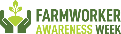 Farmworker Awareness Week Logo with green letter and two hand holding a growing seed