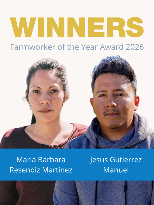 Portrait of two farmworkers, Maria Barbara Resendiz Martinez and Jesus Gutierrez Manuel, winners of the 2026 Farmworker of the Year Award for agricultural excellence.