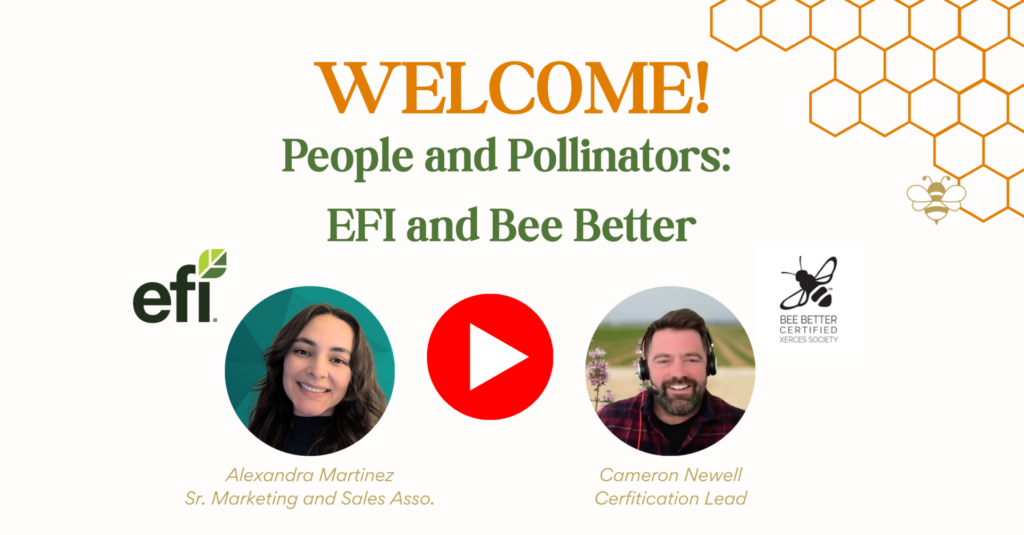 Webinar promotional banner featuring EFI and Bee Better Certified Xerces Society representatives discussing pollinator sustainability for food industry professionals.
