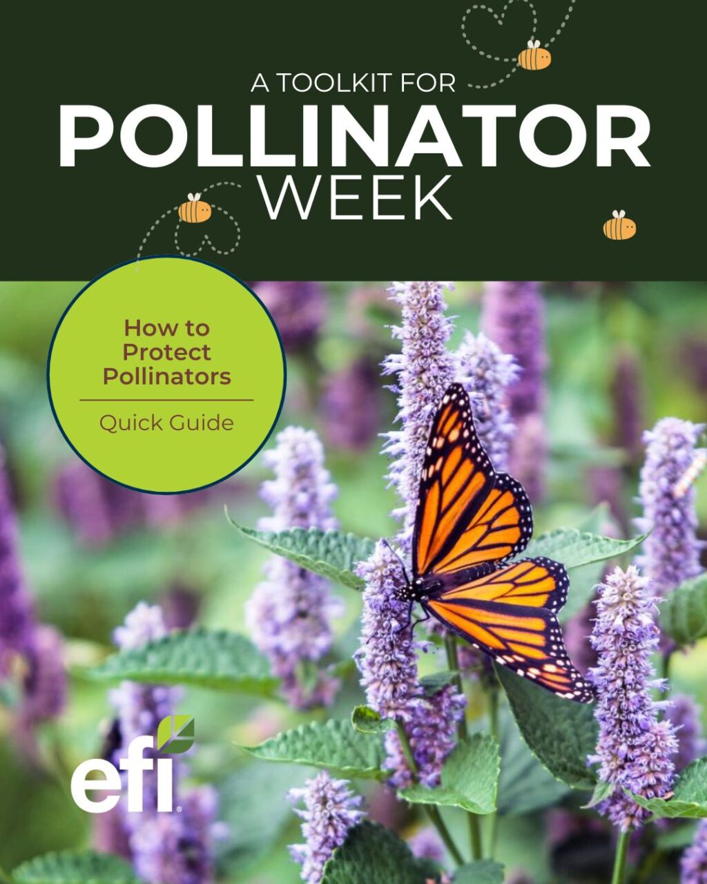 Monarch butterfly on purple flowers with Pollinator Week toolkit guide cover promoting protection of pollinators essential to food production and agricultural supply chains.